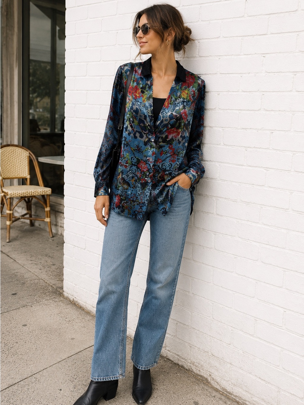 Johnny Was Multicolor Velvet Button-Down Blouse - Blue Floral Mix